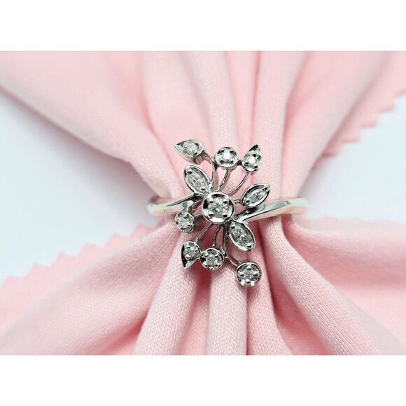 Unique 10K Solid White Gold Designer Flower Leaves Cocktail Diamond Ring Size 8